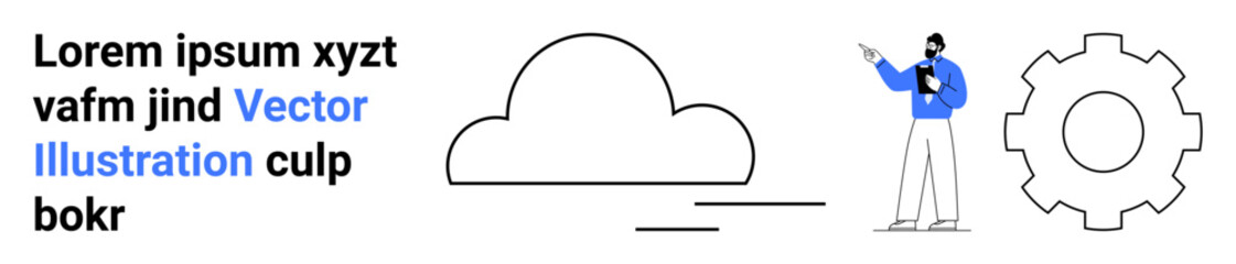 Man pointing to a cloud icon alongside a gear symbol representing teamwork, technology, and innovation. Ideal for tech strategy, cloud computing, data, development, presentation, teamwork simple