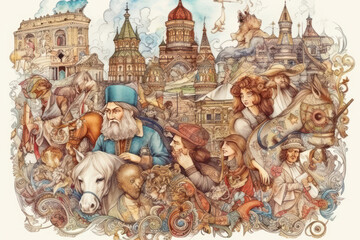 a colorful collage illustrating Russian history and culture. In the center is a man in traditional Russian clothing on a white horse, surrounded by other characters in historical costumes. 