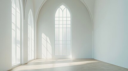 A large, empty room with a large window in the center. The room is very bright and airy, with the sunlight streaming in through the window. The room is very clean and well-lit, giving it a bright