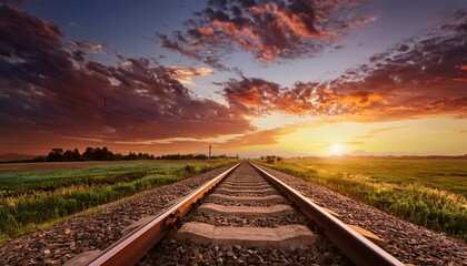 Obraz premium Evening view of railway road on beautiful dramatic sunset sky background- 4458
