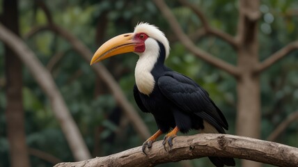 Large bird with vibrant colors and a long beak perched on a branch