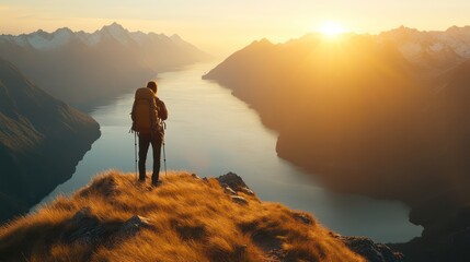 A hiker standing on a ridge overlooking New Zealands Milford Sound 