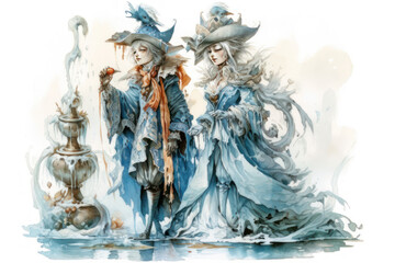 two figures dressed in elegant and fantastic costumes in blue and white.  
