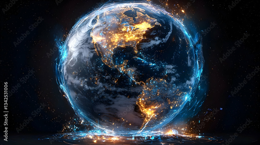 Poster digital representation of earth with glowing lights and abstract network connections in space