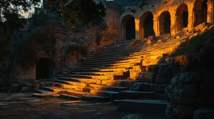 Illuminated ancient stone staircase and ruins at sunset.
