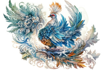 Fototapeta premium a fabulous peacock with bright and detailed plumage, made in watercolor technique. 