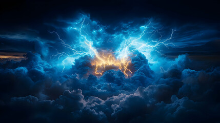 Dramatic Blue Light Erupting through Clouds Creating a Mystical and Ethereal Atmosphere