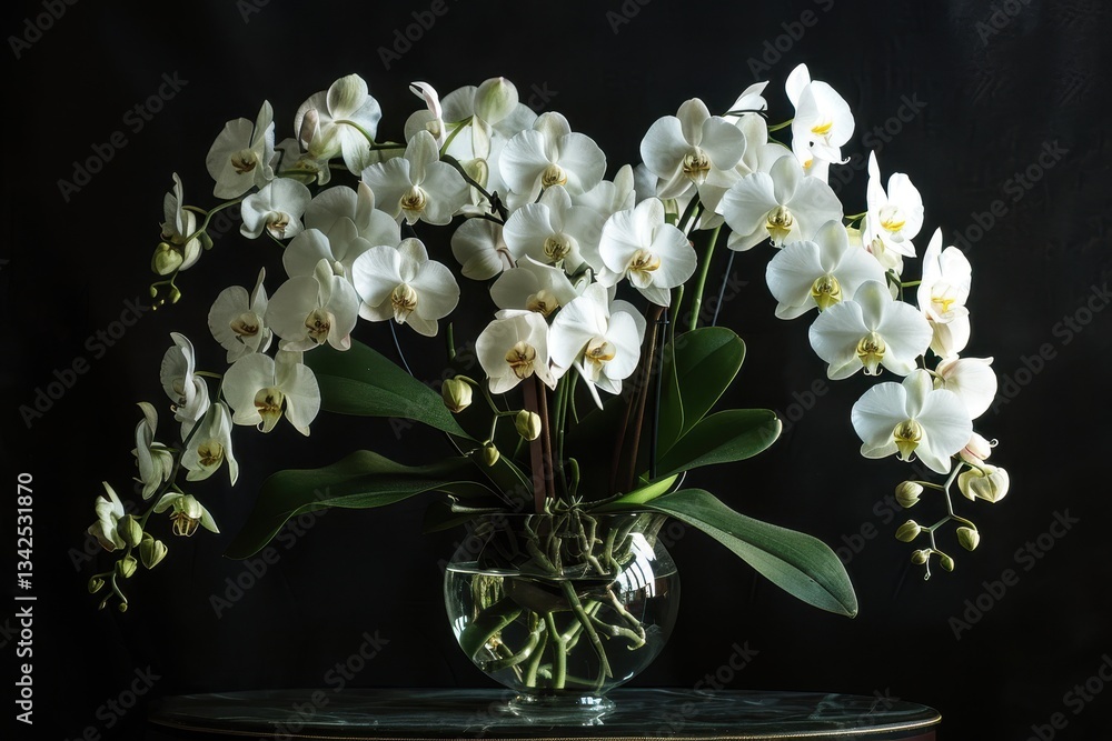 Poster orchid flowers bloom elegantly in a vase against a soft blue background showcasing delicate petals a