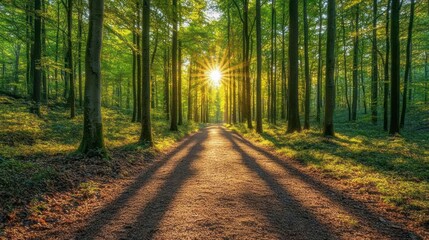 Obraz premium A peaceful forest trail surrounded by towering trees and soft sunlight 