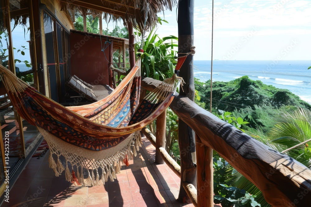 Poster serene beachside retreat with a colorful hammock overlooking the ocean and lush greenery in daylight