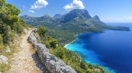 Obraz premium A serene day hike along a coastal trail with turquoise waters and rocky cliffs