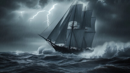 Obraz premium A pirate ship sailing through stormy seas, waves crashing against the side of the vessel