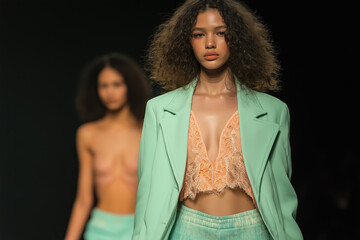 ashion runway model in mint green blazer and pastel lace top showcasing modern womenswear, elegant styling inspiration perfect for fashion editorial, magazine spreads, stylish advertisements
