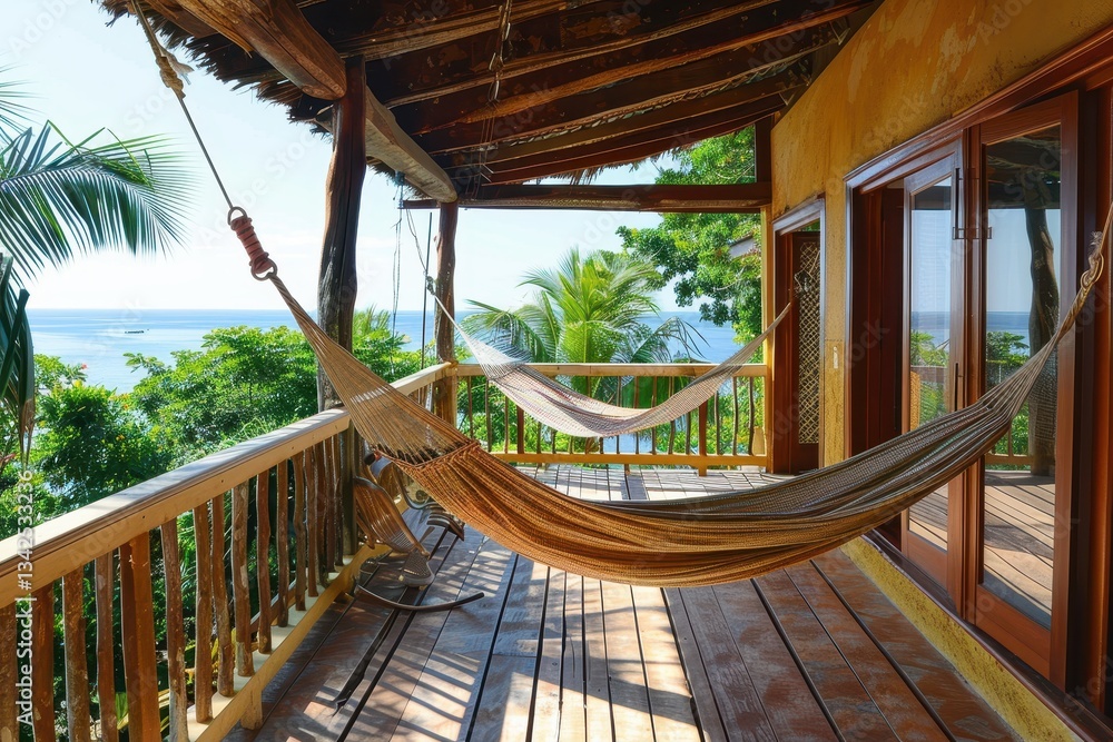 Poster serene beachside retreat with a colorful hammock overlooking the ocean and lush greenery in daylight