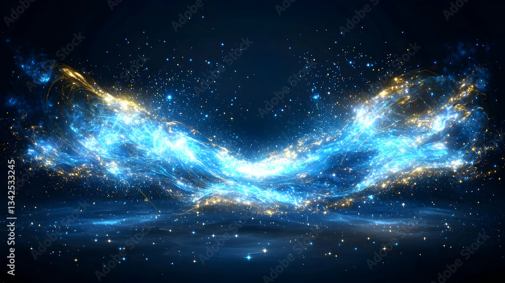 Poster dynamic abstract background of sparkling blue light waves in a dark cosmic environment