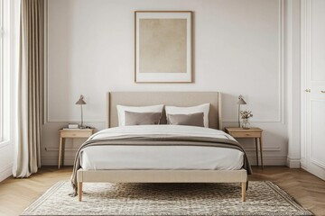 A well decorated bedroom with a centered bed and side tables