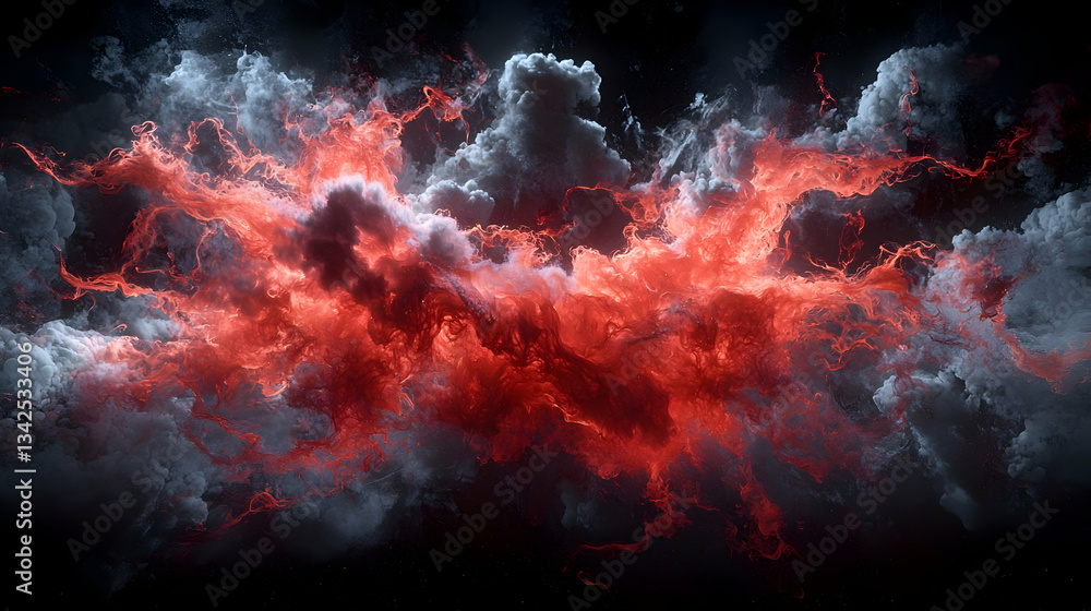 Poster dynamic abstract composition of fiery red clouds and vibrant particles in dark space