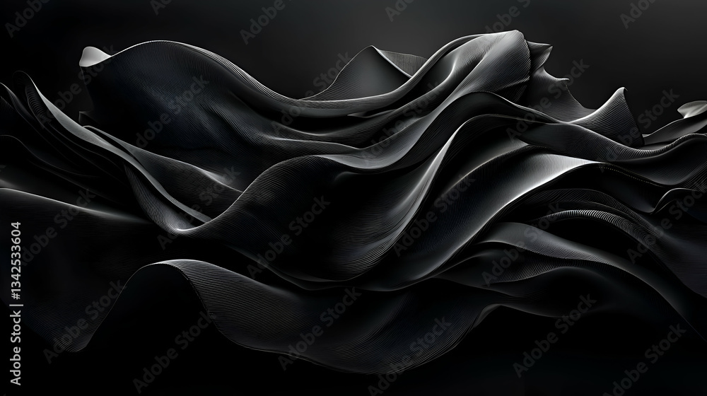 Poster dynamic abstract design featuring flowing black fabric waves with textured surface in dark backgroun