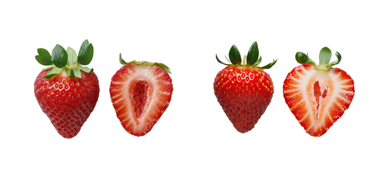 Fresh Red Strawberries Whole and Sliced on Isolated Background