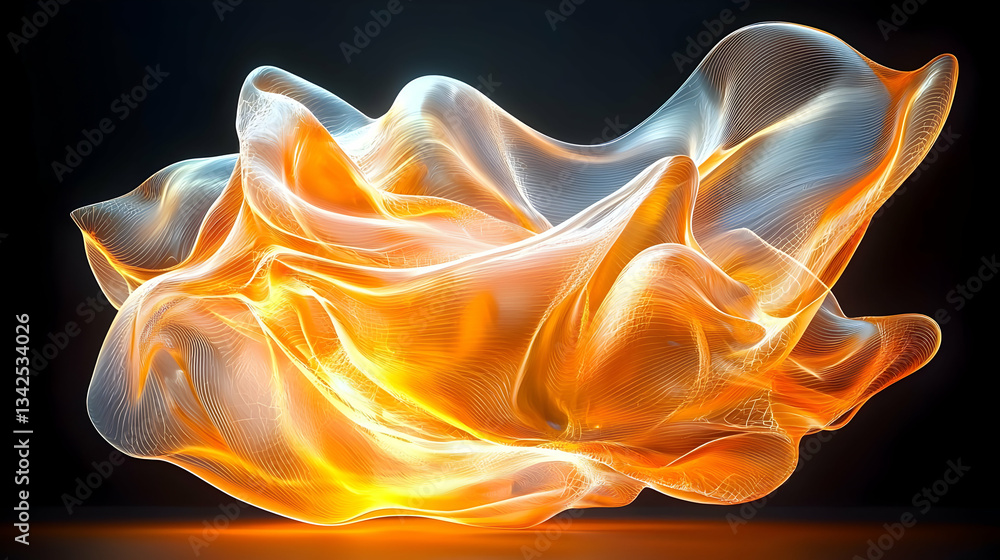 Poster dynamic abstract fluid form with orange glow and ethereal lighting effects