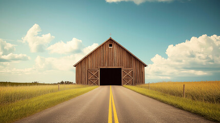 An old wooden barn with open doors stands on the road in front of it