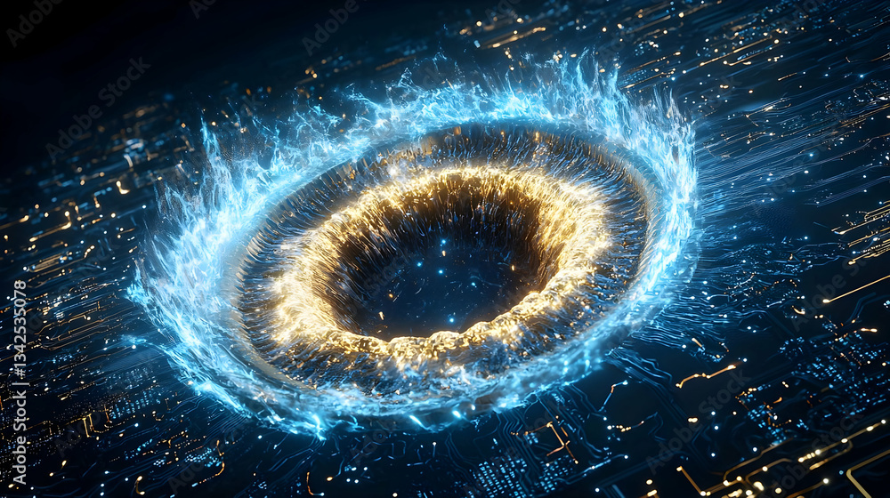 Poster dynamic abstract visualization of energy burst with circular pattern in blue and gold colors