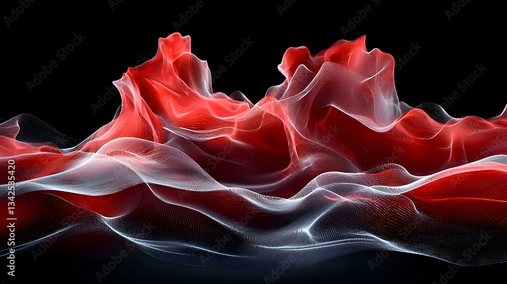 Poster dynamic abstract waves of red and white textures on a black background