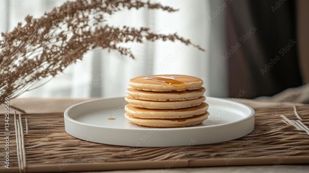 Poster stack of pancake with honey syrup on the white plate on isolated transparent background