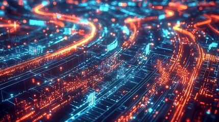 Fototapeta premium A symbolic visualization global trade with glowing interconnected financial data streams creating a vibrant digital network , high-tech and intricate