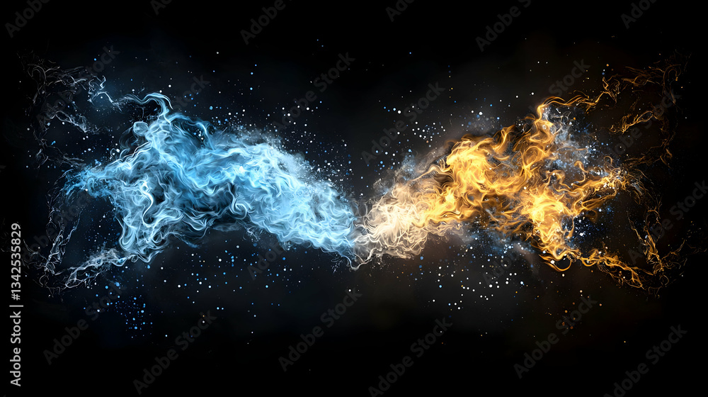 Poster dynamic collision of water and fire elements creating ethereal visual effects on dark background