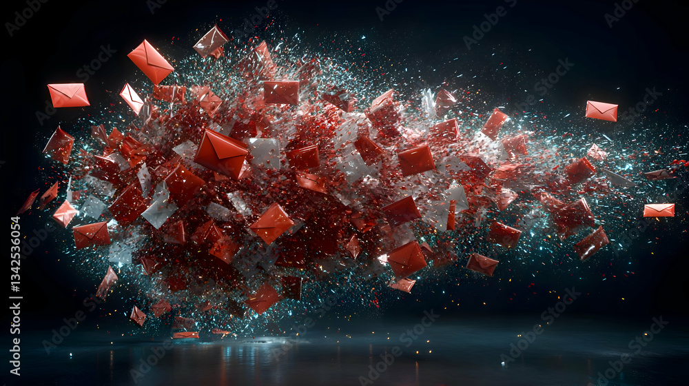 Poster dynamic explosion of colorful envelopes creating abstract visual effects in dark background