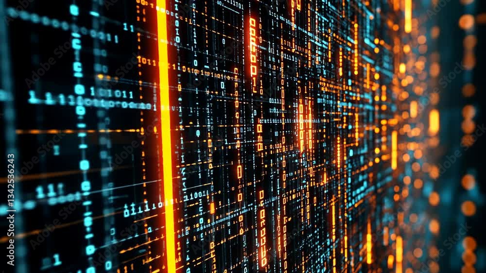 Poster digital data streams illuminate a futuristic virtual landscape with vibrant colors and intricate pat