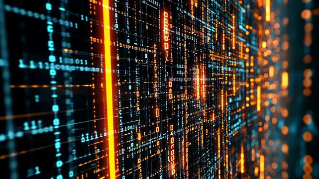 Digital data streams illuminate a futuristic virtual landscape with vibrant colors and intricate patterns