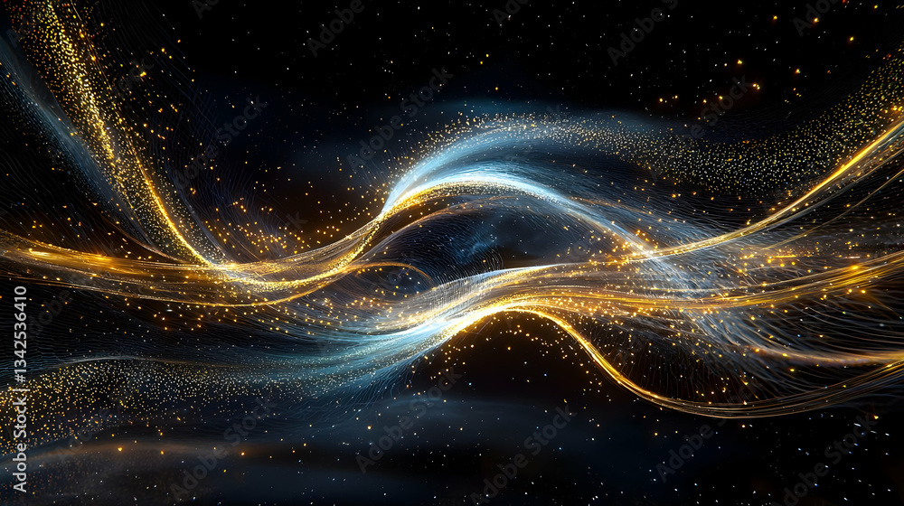 Poster dynamic flow of light particles creating an abstract cosmic energy wave with luminous colors