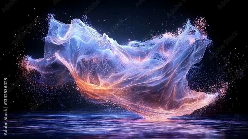 Poster dynamic flowing abstract water splash with glowing colors and gentle motion in dark background