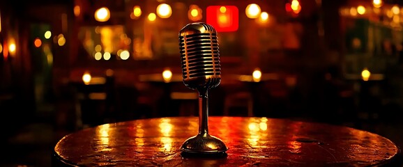 Vintage Microphone on Table in Dimly Lit Bar