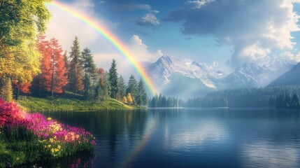 Serene mountain lake with rainbow, autumn foliage, and wildflowers.