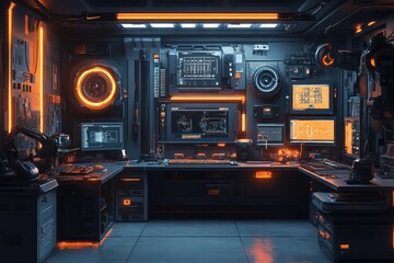 Obraz premium Futuristic control room interior with tech equipment and robot arm