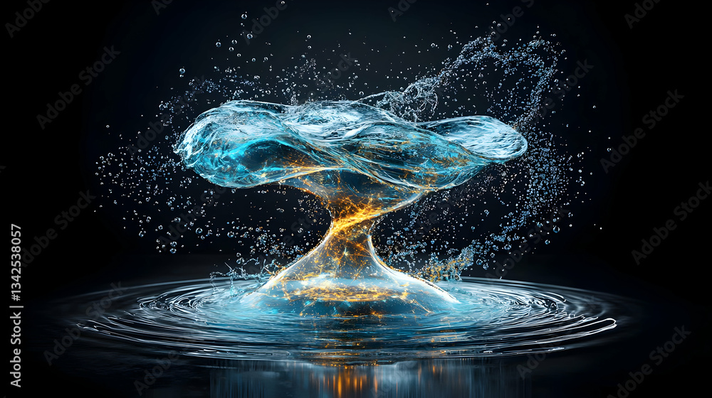 Poster dynamic water splash creating abstract vortex with brilliant light contrast and ripples on surface