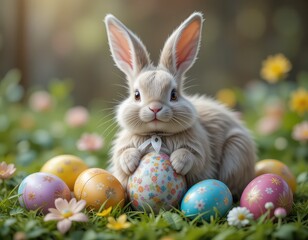 Happy Easter bunny with lots of colorful Easter eggs, Easter day