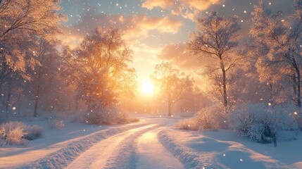 Winter Wonderland: A Magical Sunset in a Snow-Covered Forest