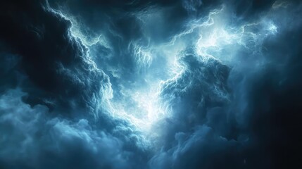 Dark Blue Stormy Sky With Intense Lightning And Cloud Formations, Powerful Abstract Sky Backgrounds, Atmospheric Phenomenon Illustration, Dynamic Weather Scenery, And Fierce Celestial Design