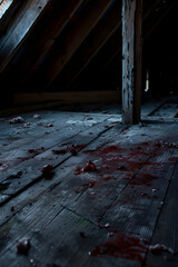 Obraz premium A small wooden box on the attic floor has red marks. The picture was taken in very dark conditions, with no light or blackness.