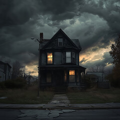 A dark and ominous house stands at the end of a desolate street, under a stormy sky. The old and weathered house has an unsettling presence, with its dark and foreboding windows.