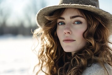 Stylish young woman with wavy hair and captivating eyes posed in snowy outdoor setting with soft sunlight : Generative AI
