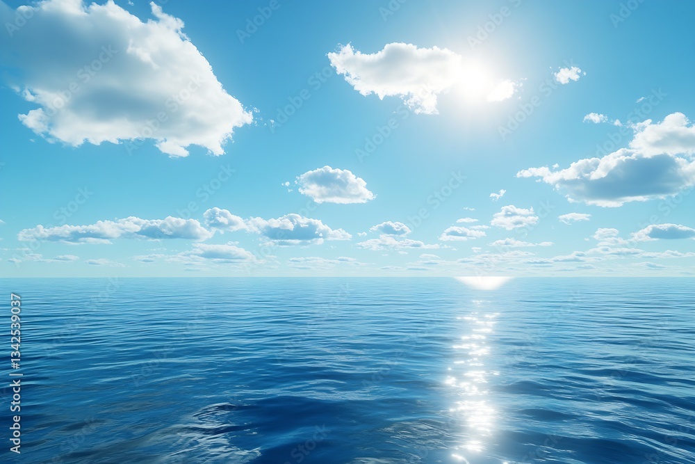 Poster clear ocean waters sparkling under bright sun with fluffy clouds floating in a blue sky : generative