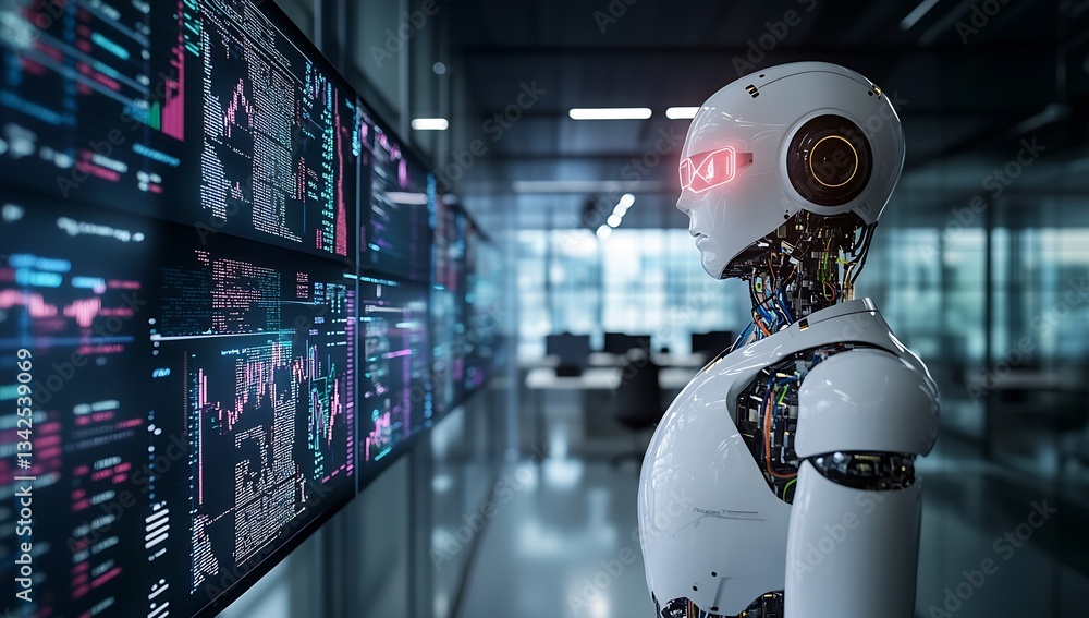 Poster Stylish humanoid robot with glowing eyes analyzing stock data on high-tech digital displays : Generative AI