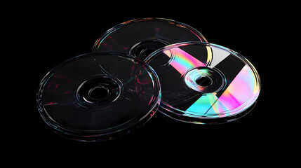 Set of three old music cd disc jewel case with compact disk and without cover in black background, style. Crystalline Black. Illustration