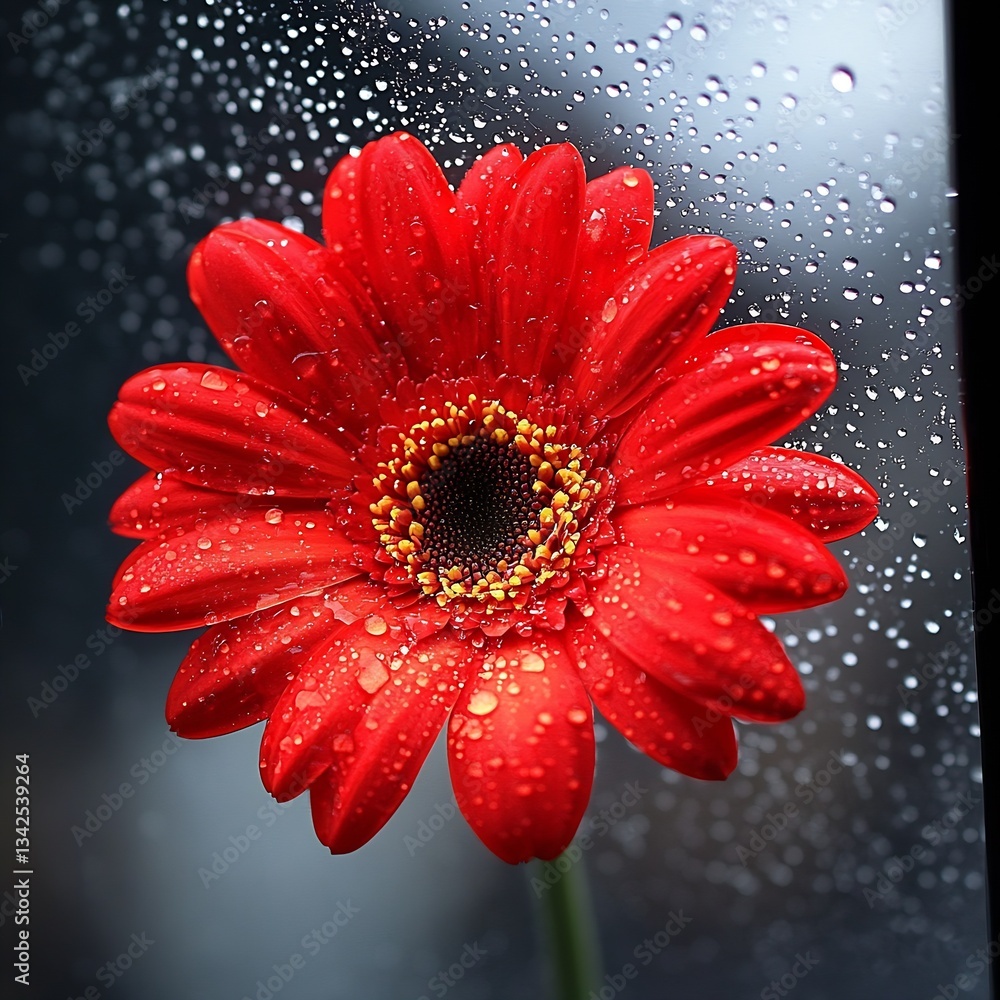 Aufkleber vibrant red gerbera daisy with droplets on glass creating a stunning visual effect : generative ai
