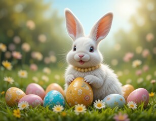 Happy Easter bunny with lots of colorful Easter eggs, Easter day